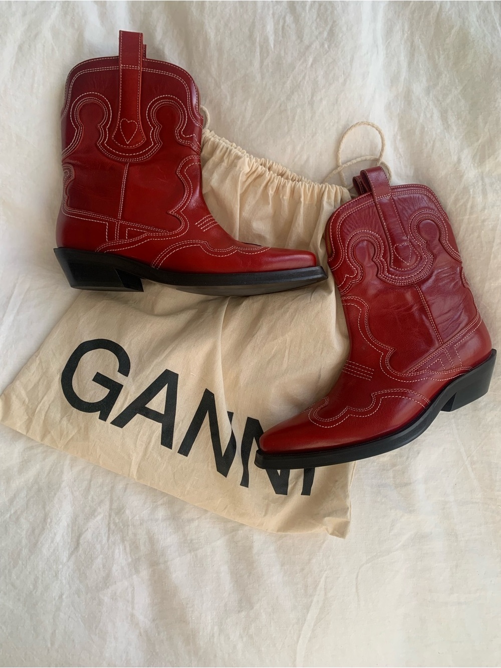 Ganni Low Embroidered Western Leather Pointy Cowboy Boots Barbados Cherry Red